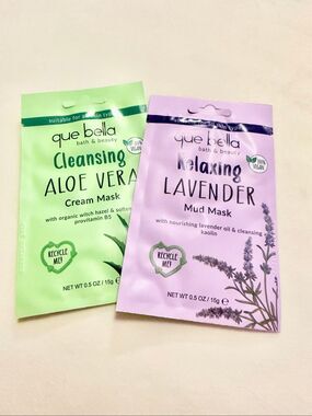 Que Bella Aloe Vera & Lavender Face Mask Set of 2 New Vegan